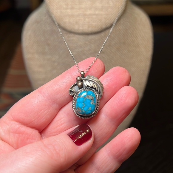 VTG Native American signed CE sterling silver turquoise pendant chain necklace - Picture 2 of 6